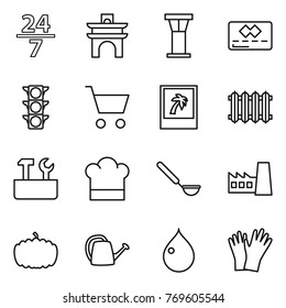 Thin line icon set : 24 7, arch, airport tower, credit card, traffic light, cart, photo, radiator, repair tools, cook hat, ladle, factory, pumpkin, watering can, drop, gloves