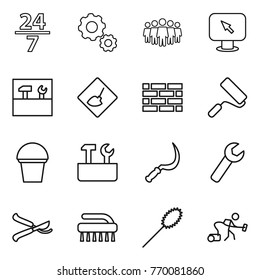 Thin line icon set : 24 7, gear, team, monitor arrow, tools, under construction, brick wall, repair, bucket, sickle, wrench, pruner, brush, duster, vacuum cleaner