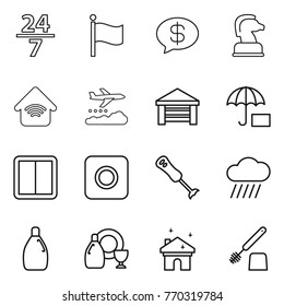 Thin line icon set : 24 7, flag, money message, chess horse, wireless home, weather management, garage, insurance, power switch, ring button, blender, rain cloud, cleanser, dish, house cleaning