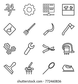 Thin line icon set : 24 7, gear, server, tools, under construction, fork, sickle, axe, gears, wrench, pruner, vacuum cleaner, scraper, duster, iron