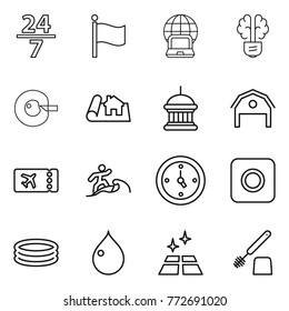 Thin line icon set : 24 7, flag, notebook globe, bulb brain, cell corection, project, goverment house, barn, ticket, surfer, watch, ring button, inflatable pool, drop, clean floor, toilet brush