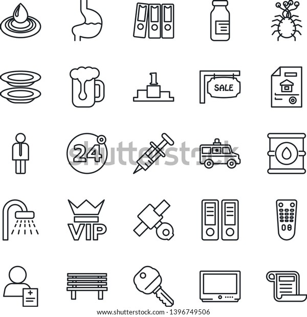 Thin Line Icon Set - 24 around vector, vip, shower,
manager, office binder, bench, syringe, ampoule, ambulance car,
stomach, patient, virus, satellite, oil barrel, tv, remote control,
paper, sale