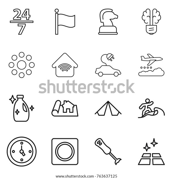 Thin line icon set : 24 7, flag, chess horse, bulb\
brain, round around, wireless home, electric car, weather\
management, cleanser, project, tent, surfer, watch, ring button,\
blender, clean floor