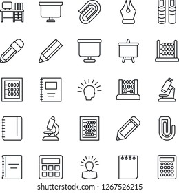 Thin Line Icon Set - abacus vector, desk, notepad, presentation board, pencil, microscope, calculator, copybook, paper clip, ink pen, book, shining head