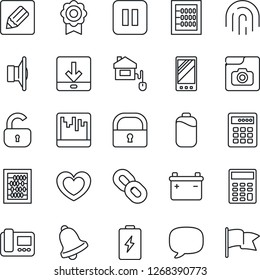 Thin Line Icon Set - abacus vector, heart, speaker, chain, pause button, mobile, message, bell, scanner, notes, download, lock, fingerprint id, photo gallery, battery, sertificate, calculator, flag