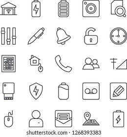 Thin Line Icon Set - abacus vector, mouse, pen, navigation, settings, group, battery, call, mobile camera, protect, user, bell, mail, record, notes, cellular signal, charge, clock, document search