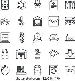 Thin Line Icon Set - abacus vector, flower in pot, diagnosis, ampoule, ambulance car, no hook, shield, heavy, oil barrel, speaker, mail, scanner, download, mute, alcohol, alcove, eco house, washer