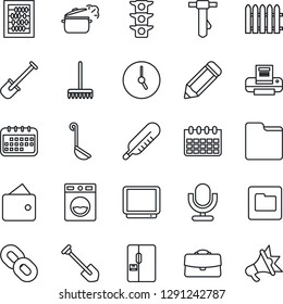 Thin Line Icon Set - Abacus Vector, Tie, Calendar, Job, Pencil, Shovel, Fence, Rake, Thermometer, Traffic Light, Tv, Microphone, Chain, Clock, Folder, Case, Printer, Fridge, Ladle, Steaming Pan