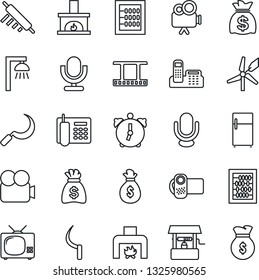 Thin Line Icon Set - abacus vector, money bag, well, sickle, film frame, video camera, microphone, alarm, office phone, fireplace, tv, rolling pin, outdoor lamp, fridge, windmill