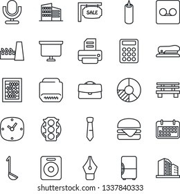Thin Line Icon Set - abacus vector, presentation board, circle chart, printer, bench, traffic light, term, microphone, speaker, hdmi, clock, record, case, calculator, ink pen, tie, stapler, sale