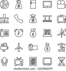 Thin Line Icon Set - abacus vector, money bag, well, film frame, vinyl, tv, video camera, microphone, call, alarm, office phone, fireplace, fridge, windmill, sand clock