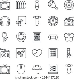 Thin Line Icon Set - abacus vector, mouse, tie, stamp, fence, butterfly, umbrella, tulip, radio, tv, headphones, heart, cut, cushioned furniture, ham, clock