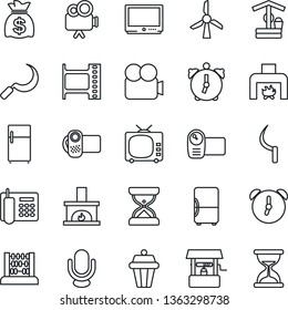 Thin Line Icon Set - abacus vector, money bag, well, sickle, film frame, tv, video camera, microphone, alarm, office phone, fireplace, outdoor lamp, fridge, windmill, sand clock