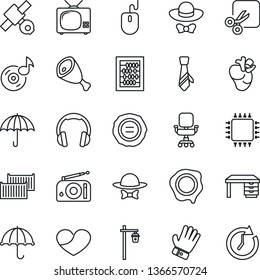 Thin Line Icon Set - abacus vector, mouse, desk, stamp, glove, garden light, real heart, satellite, cargo container, umbrella, radio, headphones, cut, music, office chair, tie, tv, dress code, ham