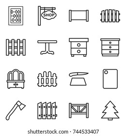 thin line icon set : abacus, shop signboard, fence, pallet, table, nightstand, chest of drawers, dresser, cutting board, axe, farm, spruce