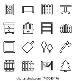 thin line icon set : abacus, fence, pallet, table, nightstand, dresser, rack, cutting board, trees, axe, barrel, farm, spruce