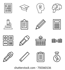 thin line icon set : abacus, graduate hat, bulb head, brain, microscope, clipboard, pencil, calculator, university, school, ruler, chemical