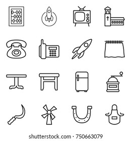 thin line icon set : abacus, rocket, tv, church, phone, curtain, table, stool, fridge, hand mill, sickle, windmill, horseshoe, apron