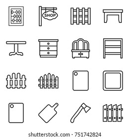 thin line icon set : abacus, shop signboard, pallet, table, chest of drawers, dresser, rack, fence, cutting board, axe