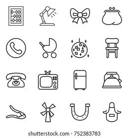 thin line icon set : abacus, table lamp, bow, purse, phone, baby stroller, disco ball, chair, tv, fridge, kettle, walnut crack, windmill, horseshoe, apron