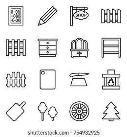 thin line icon set : abacus, pencil, shop signboard, fence, pallet, chest of drawers, dresser, rack, cutting board, fireplace, trees, wheel, spruce