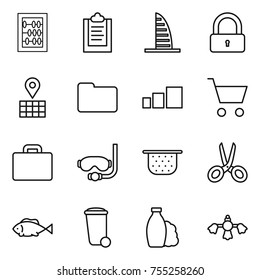 thin line icon set : abacus, clipboard, skyscraper, lock, map, documents, sorting, cart, suitcase, diving mask, colander, scissors, fish, trash bin, shampoo, hard reach place cleaning