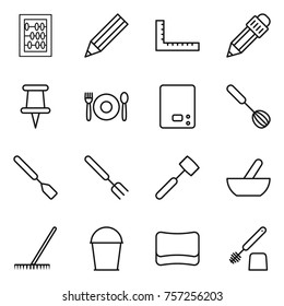 Thin line icon set : abacus, pencil, ruler, pin, cafe, kitchen scales, whisk, spatula, big fork, meat hammer, mortar, rake, bucket, sponge, toilet brush