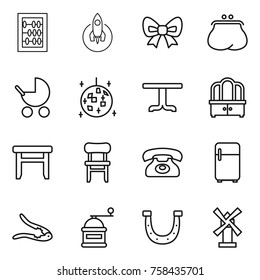 Thin line icon set : abacus, rocket, bow, purse, baby stroller, disco ball, table, dresser, stool, chair, phone, fridge, walnut crack, hand mill, horseshoe, windmill