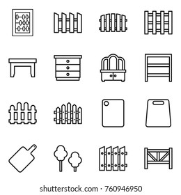 Thin line icon set : abacus, fence, pallet, table, chest of drawers, dresser, rack, cutting board, trees, farm