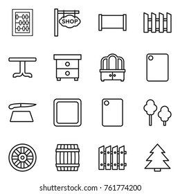 Thin line icon set : abacus, shop signboard, fence, table, nightstand, dresser, cutting board, trees, wheel, barrel, spruce