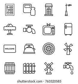 Thin line icon set : abacus, scales weight, building, outdoor light, restaurant, water tap, tv, fridge, welcome mat, kettle, wheel, windmill, barrel, fence