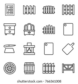 Thin line icon set : abacus, fence, pallet, nightstand, dresser, cutting board, fireplace, wheel, barrel, farm