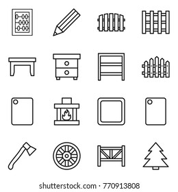 Thin line icon set : abacus, pencil, fence, pallet, table, nightstand, rack, cutting board, fireplace, axe, wheel, farm, spruce