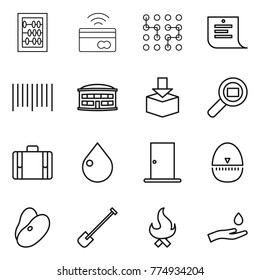 Thin line icon set : abacus, tap to pay, chip, shopping list, bar code, airport building, package, cargo search, suitcase, drop, door, egg timer, beans, shovel, fire, hand and