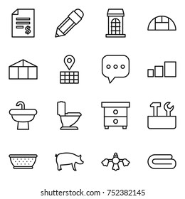 thin line icon set : account balance, pencil, building, greenhouse, map, sms, sorting, sink, toilet, nightstand, repair tools, colander, pig, hard reach place cleaning, towel