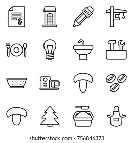 Thin line icon set : account balance, building, pencil, tower crane, cafe, bulb, sink, repair tools, colander, food processor, mushroom, coffee seeds, spruce, washing powder, apron Thin line icon set : account balance, building, pencil, tower crane, cafe, bulb, sink, repair tools, colander, food processor, mushroom, coffee seeds, spruce, washing powder, apron