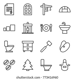 Thin line icon set : account balance, arch window, tower crane, greenhouse, sorting, detector, cafe, sink, toilet, nightstand, meat hammer, beans, coffee seeds, spruce, apron