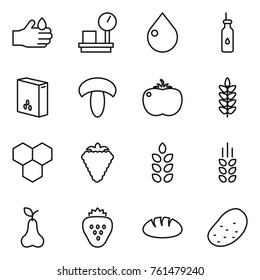Thin line icon set : acid, warehouse scales, drop, vegetable oil, cereals, mushroom, tomato, spikelets, honeycombs, berry, pear, strawberry, bread, potato