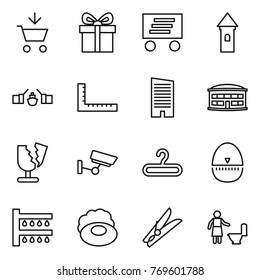 Thin line icon set : add to cart, gift, delivery, tower, drawbridge, ruler, skyscraper, airport building, broken, surveillance, hanger, egg timer, watering, soap, clothespin, toilet cleaning
