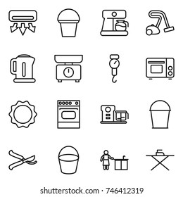 thin line icon set : air conditioning, bucket, coffee maker, vacuum cleaner, kettle, kitchen scales, handle, grill oven, induction, food processor, pruner, cleaning, iron board