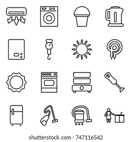 thin line icon set : air conditioning, washing machine, bucket, kettle, kitchen scales, handle, gas oven, elecric, induction, double boiler, blender, fridge, vacuum cleaner, cleaning