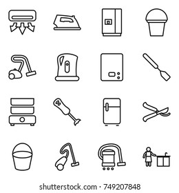 thin line icon set : air conditioning, iron, fridge, bucket, vacuum cleaner, kettle, kitchen scales, spatula, double boiler, blender, pruner, cleaning