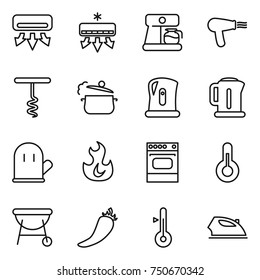 thin line icon set : air conditioning, coffee maker, hair dryer, corkscrew, steam pan, kettle, cook glove, fire, oven, thermometer, bbq, hot pepper, iron