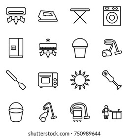 thin line icon set : air conditioning, iron, board, washing machine, fridge, bucket, vacuum cleaner, spatula, grill oven, gas, blender, kitchen cleaning