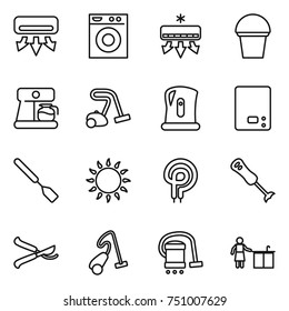thin line icon set : air conditioning, washing machine, bucket, coffee maker, vacuum cleaner, kettle, kitchen scales, spatula, gas oven, elecric, blender, pruner, cleaning
