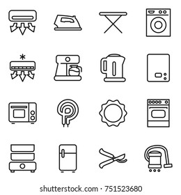 thin line icon set : air conditioning, iron, board, washing machine, coffee maker, kettle, kitchen scales, grill oven, elecric, induction, double boiler, fridge, pruner, vacuum cleaner