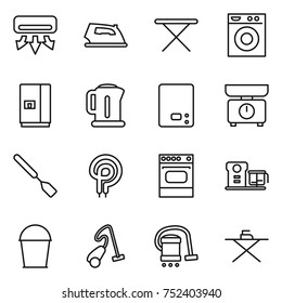thin line icon set : air conditioning, iron, board, washing machine, fridge, kettle, kitchen scales, spatula, elecric oven, food processor, bucket, vacuum cleaner