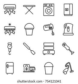 thin line icon set : air conditioning, iron board, washing machine, fridge, bucket, mixer, kettle, handle scales, spatula, double boiler, blender, food processor, vacuum cleaner