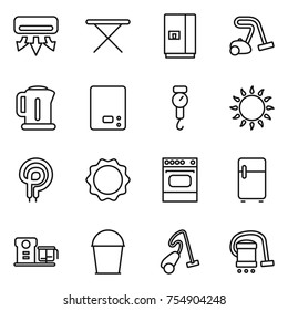 thin line icon set : air conditioning, iron board, fridge, vacuum cleaner, kettle, kitchen scales, handle, gas oven, elecric, induction, food processor, bucket