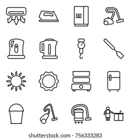 Thin line icon set : air conditioning, iron, fridge, vacuum cleaner, kettle, handle scales, spatula, gas oven, induction, double boiler, bucket, kitchen cleaning